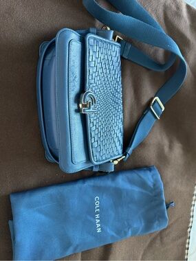 Cole Haan Teal-Blue Woven Leather Crossbody with Gold Hardware